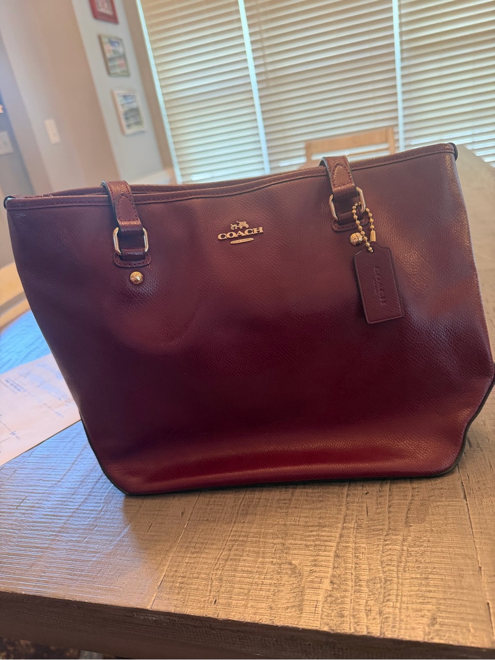 Coach Burgundy Leather Tote with Gold Hardware